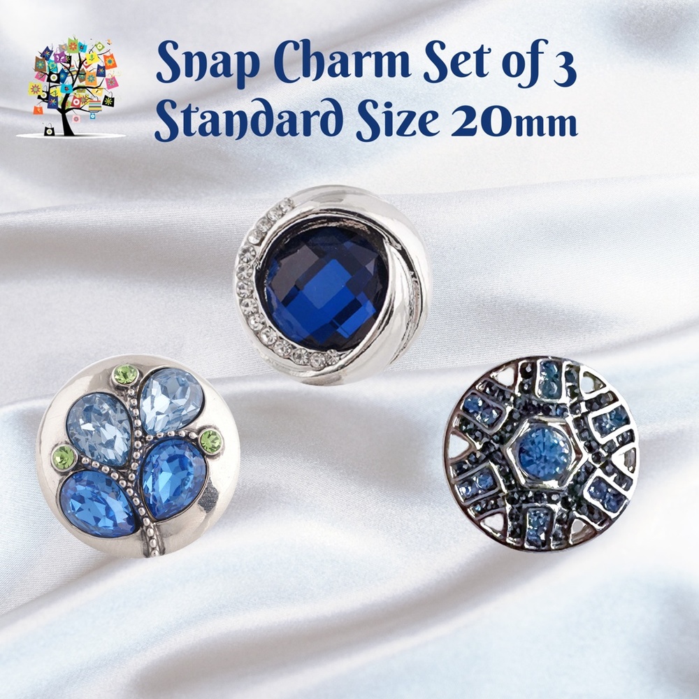 Snap Charm Colorful Blue Crystals Set of 3 Standard Size 20mm 3/4" Diameter